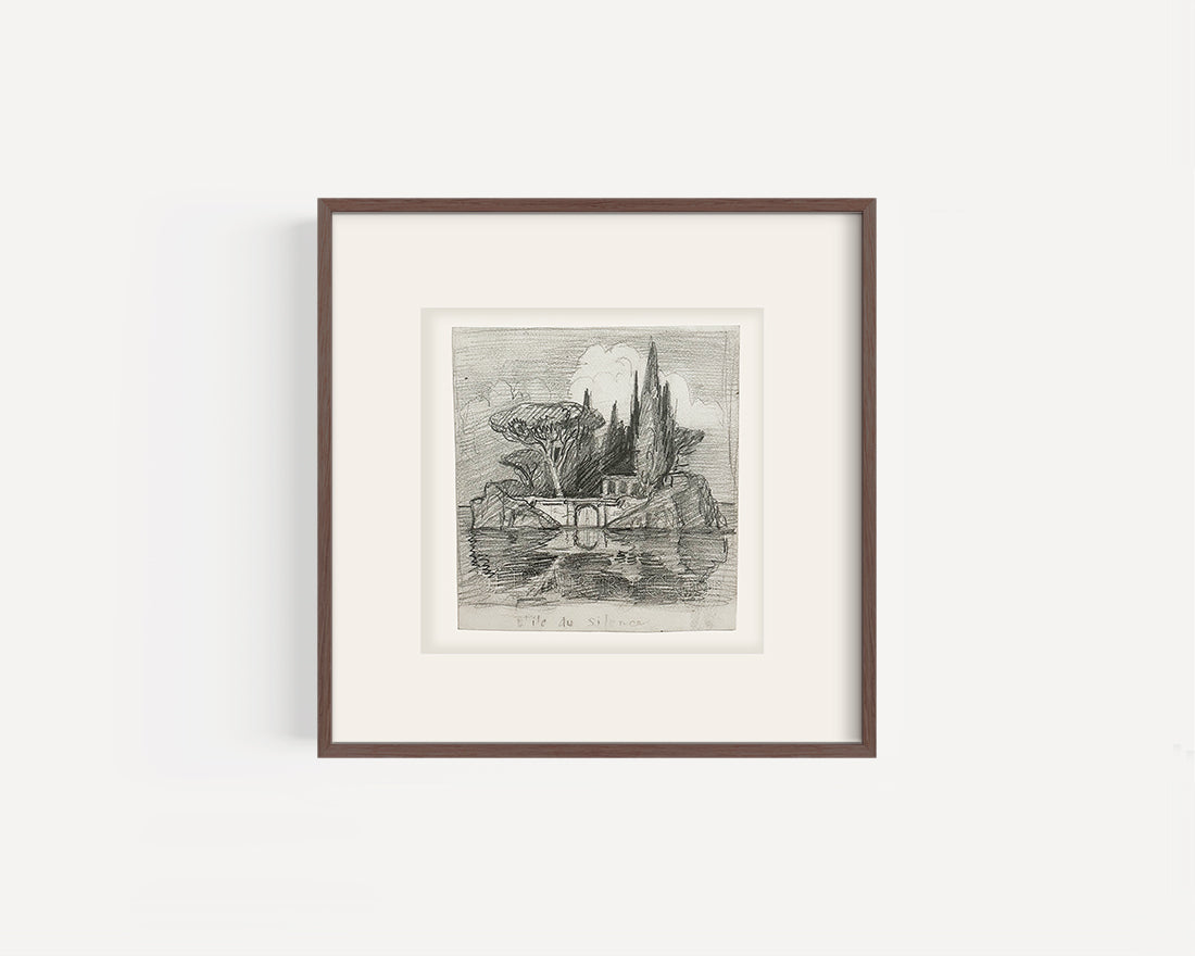 Early 1900's Small Antique French Landscape of L'Ile de Silence in France, Graphite Drawing on Paper