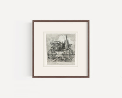 Early 1900's Small Antique French Landscape of L'Ile de Silence in France, Graphite Drawing on Paper