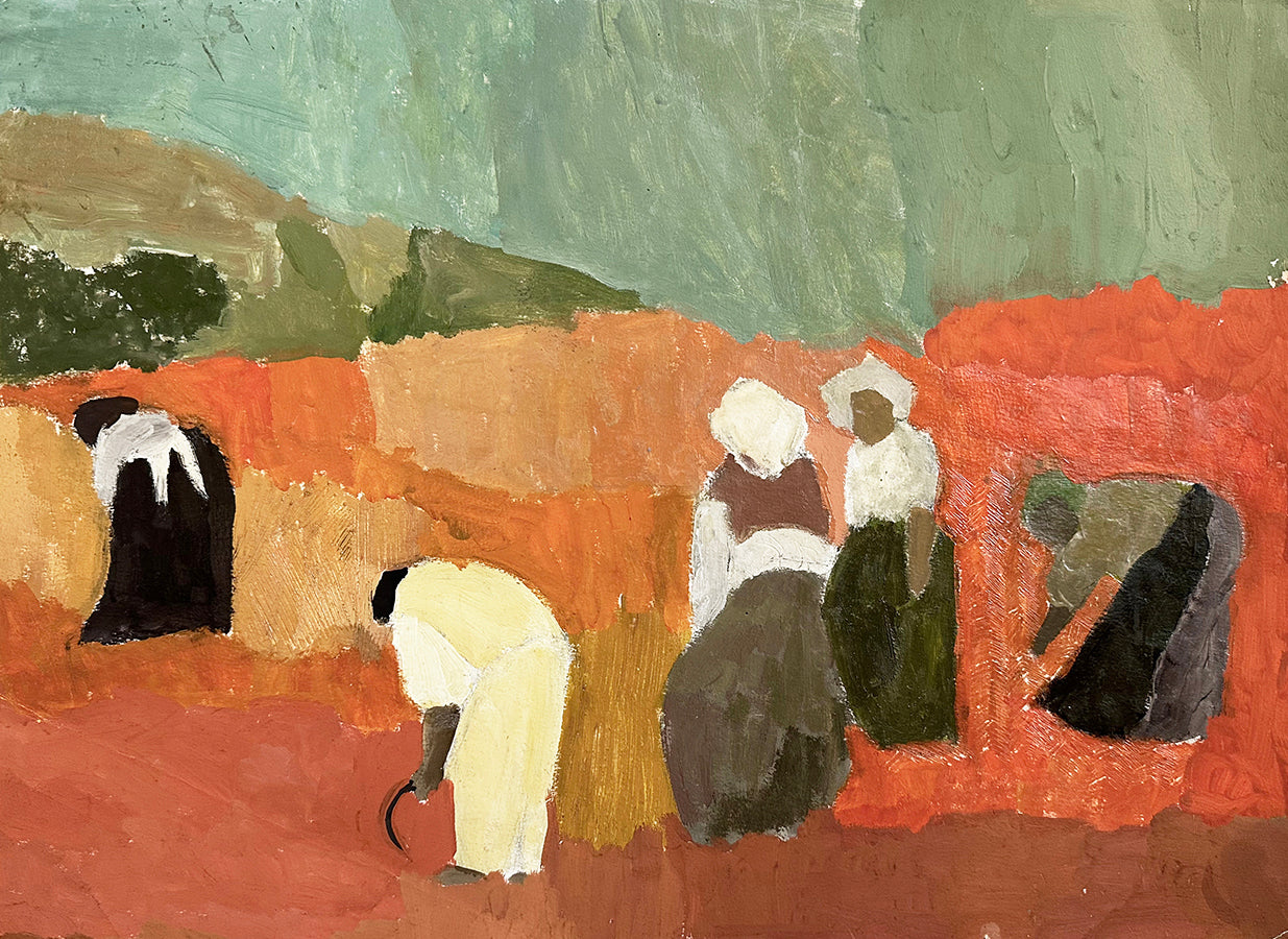 Mid 20th Century Vintage Abstract Landscape Painting of Women in Field, Oil on Paper. By French artist Nancy Delouis