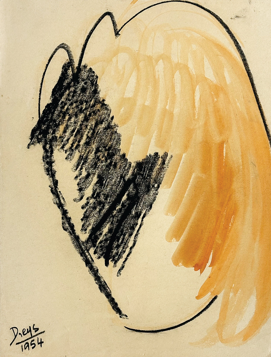 Mid-Century Modern Vintage Abstract Form in Orange and Black Mixed Media on Paper, Signed by European Artist Dreys, 1954