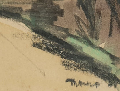 1931 Vintage French Expressionist Landscape Drawing in Mixed Media With Mat