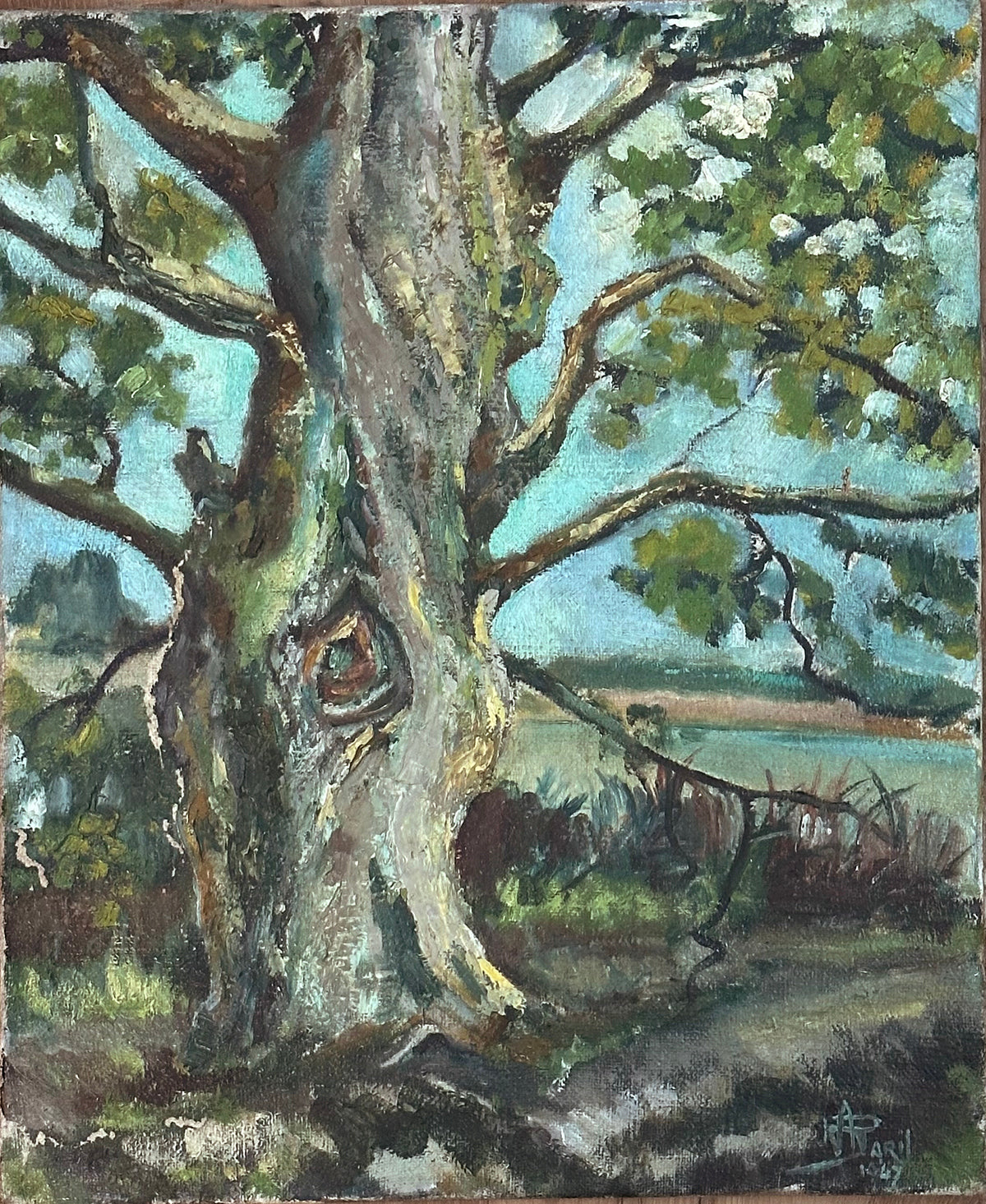 Vintage Mid 1900s Expressionistic Oil Painting of Tree in Fauvist Style. Signed by artist in 1947