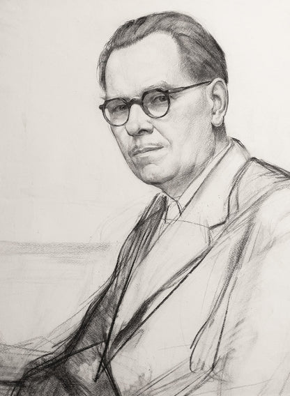 Early 1900's French Charcoal Portrait of Gentleman With Spectacles and Custom Mat