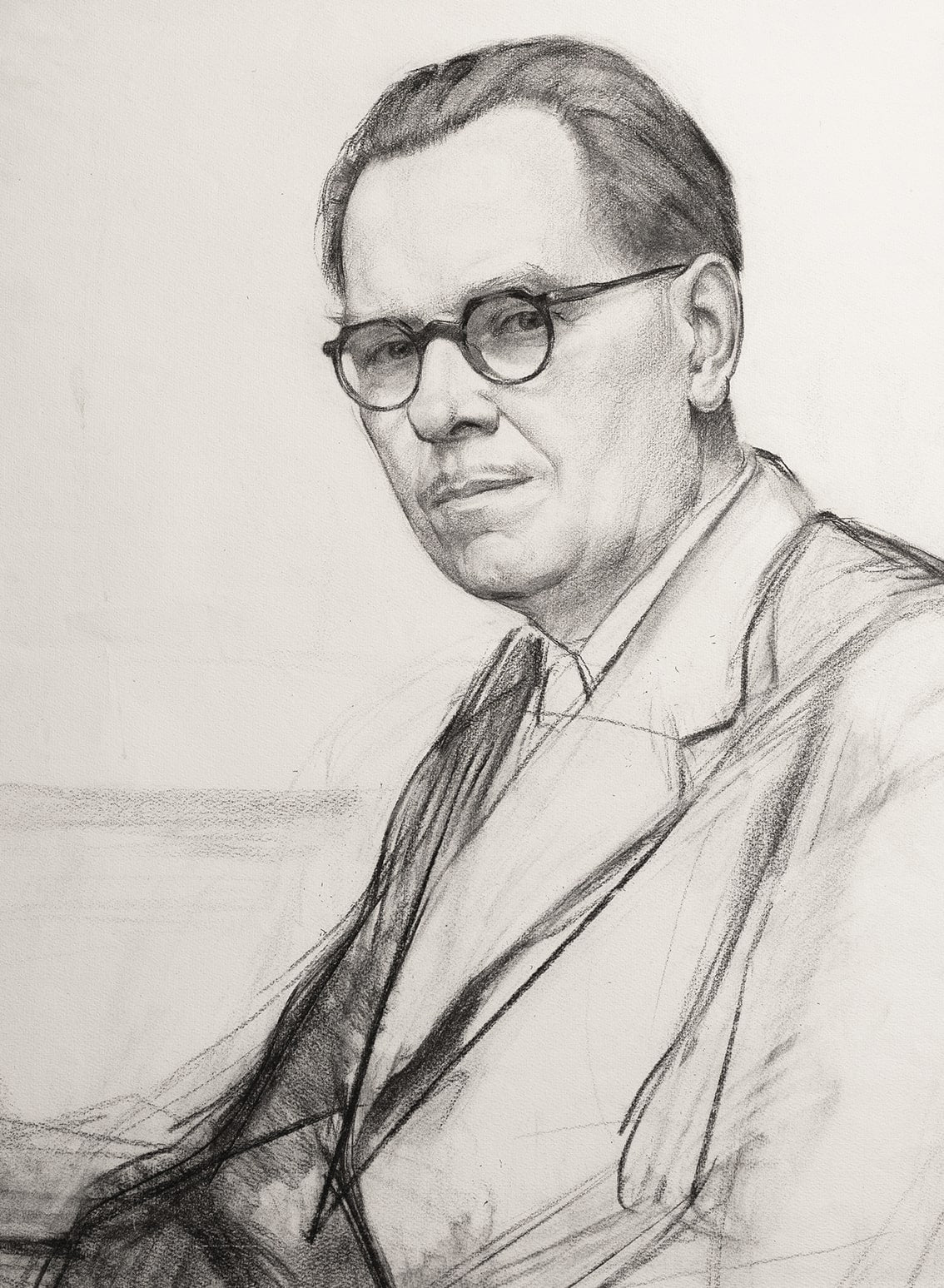 Early 1900's Vintage French Realistic Portrait of Man In Suit with Spectacles, Charcoal on Paper