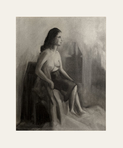 Early 1900's Vintage French Charcoal Figure Drawing of Woman Seated, Charcoal on Paper