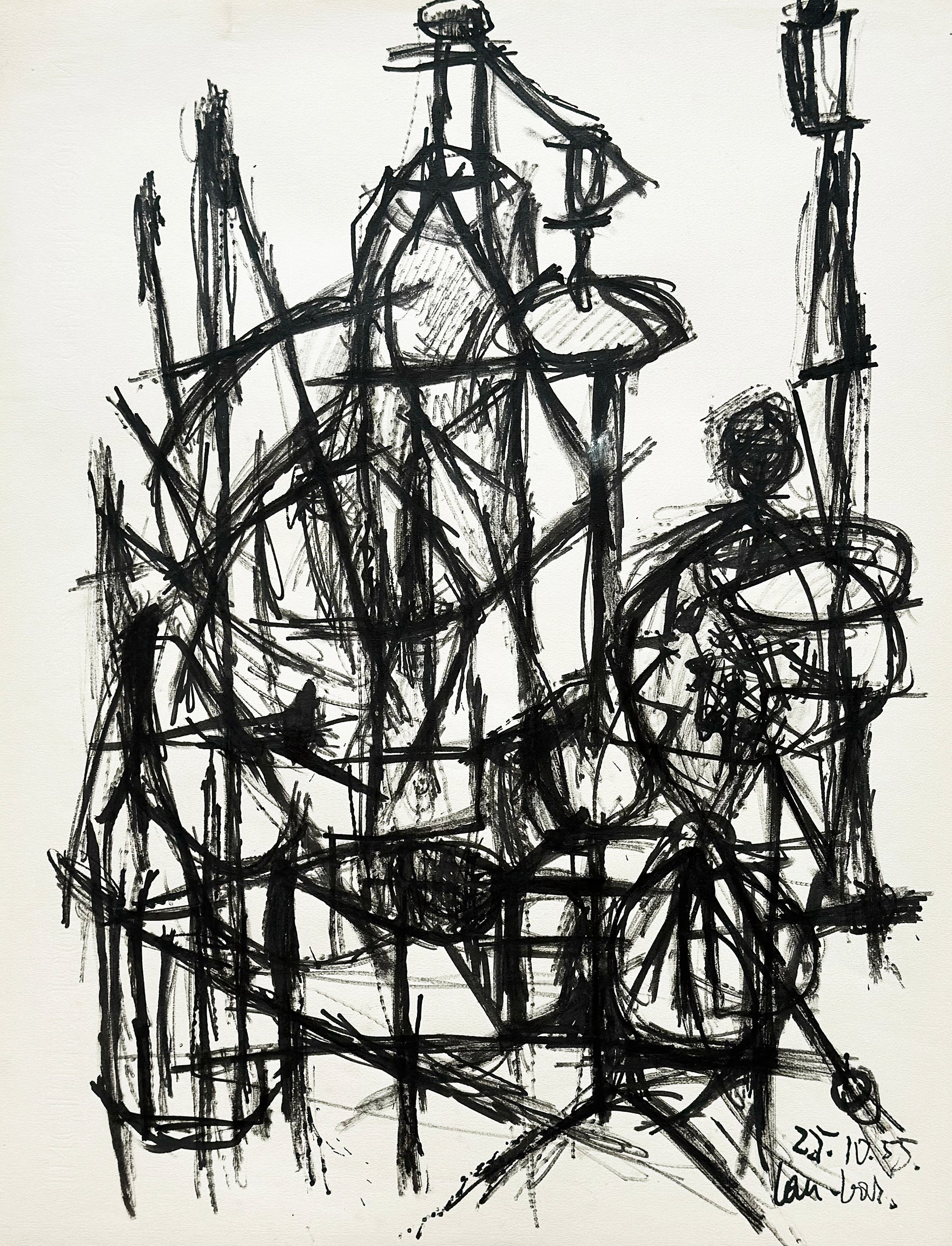 Mid-Century Modern French Abstract Expressionism Still Life Ink Drawing on Paper, Signed by French Artist David Lan-Bar, 1955