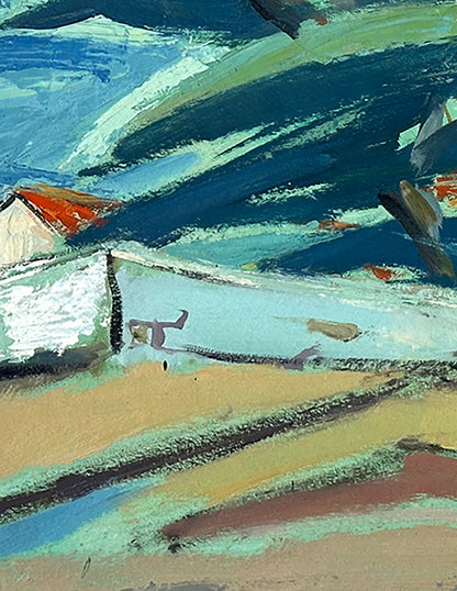 Mid-Century Modern Vintage European Abstract and Expressionistic Coastal Landscape in Blues Oil Painting, Signed by Polish Artist  Bernard Lewandowski