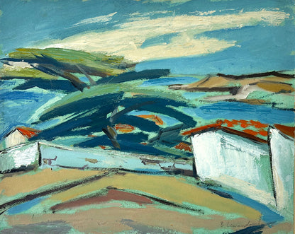 Mid-Century Modern Vintage European Abstract and Expressionistic Coastal Landscape in Blues Oil Painting, Signed by Polish Artist  Bernard Lewandowski