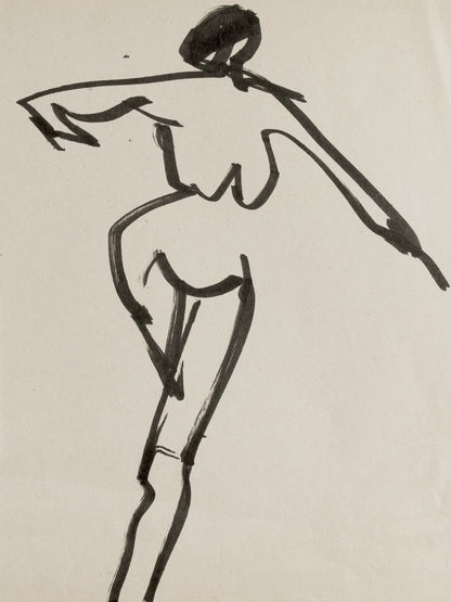 Mid-Century French Abstract Nude Figure Study in Ink With Mat