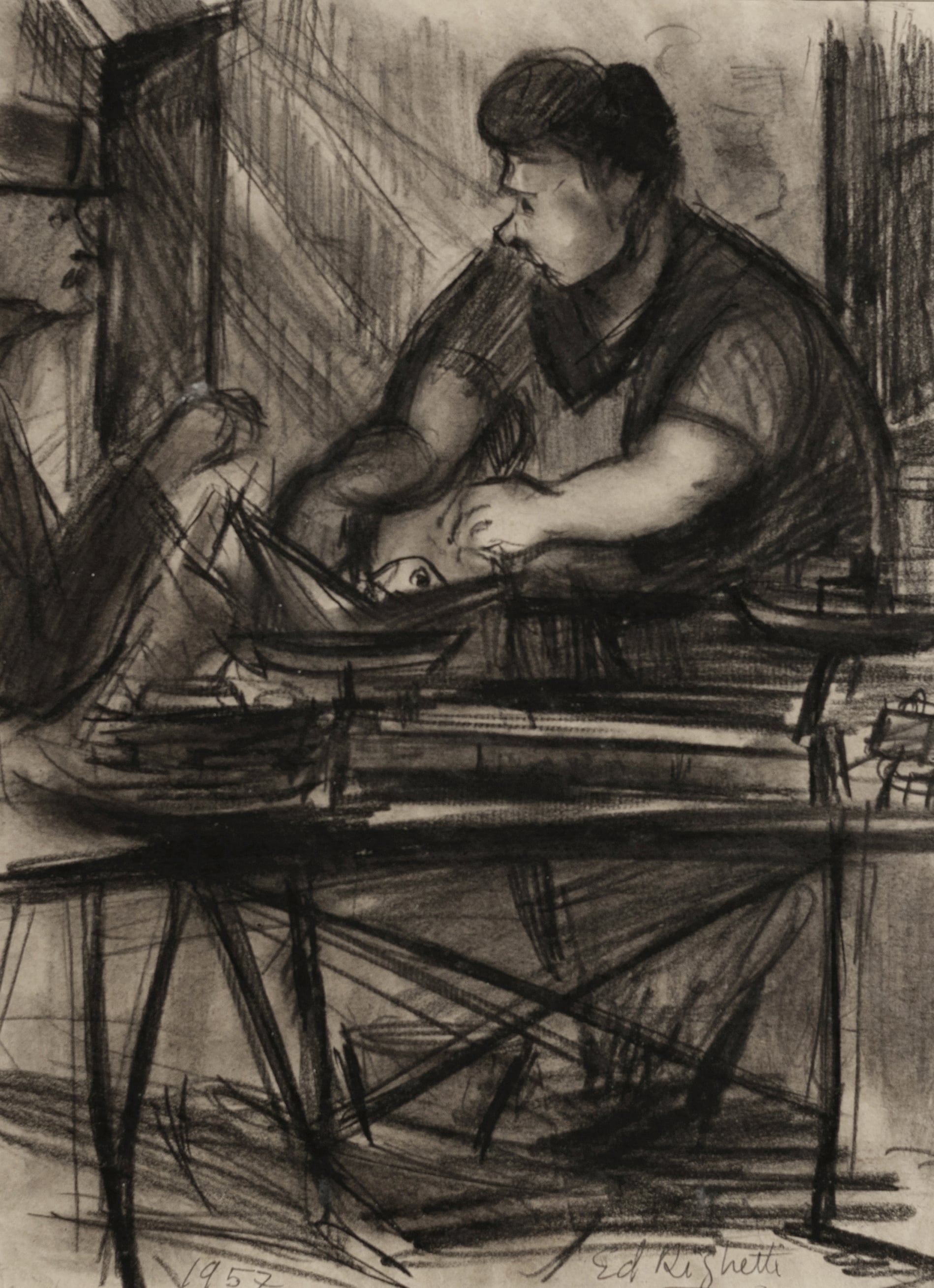 Mid-Century Modern Vintage French Charcoal Drawing of French Worker in City Scene. Signed by French Artist Edouard Righetti, 1957