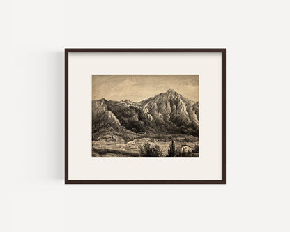 Early 1900s Antique French Charcoal Drawing on Paper of Mountainscape and Countryside Farms