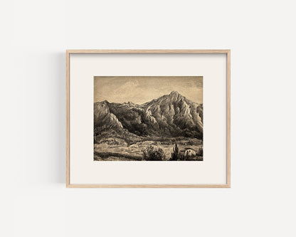 Early 1900s Antique French Charcoal Drawing on Paper of Mountainscape and Countryside Farms