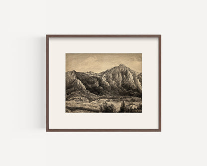 Early 1900s Antique French Charcoal Drawing on Paper of Mountainscape and Countryside Farms