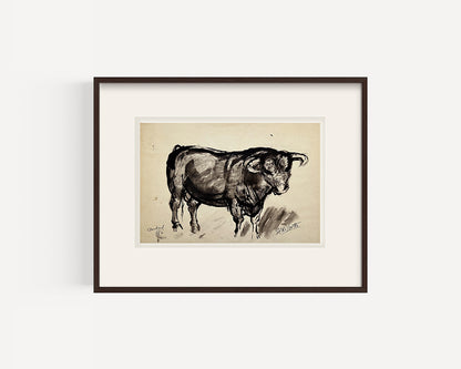 Mid-Century Modern Vintage French Mixed Media Drawing of Bull in Madrid, Signed by French Artist Ed Rhigetti, 1957