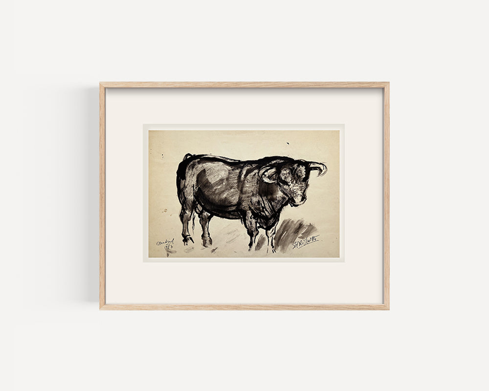 Mid-Century Modern Vintage French Mixed Media Drawing of Bull in Madrid, Signed by French Artist Ed Rhigetti, 1957