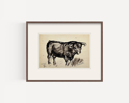 Mid-Century Modern Vintage French Mixed Media Drawing of Bull in Madrid, Signed by French Artist Ed Rhigetti, 1957