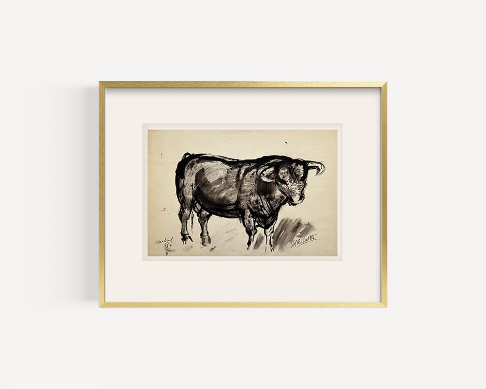 Mid-Century Modern Vintage French Mixed Media Drawing of Bull in Madrid, Signed by French Artist Ed Rhigetti, 1957