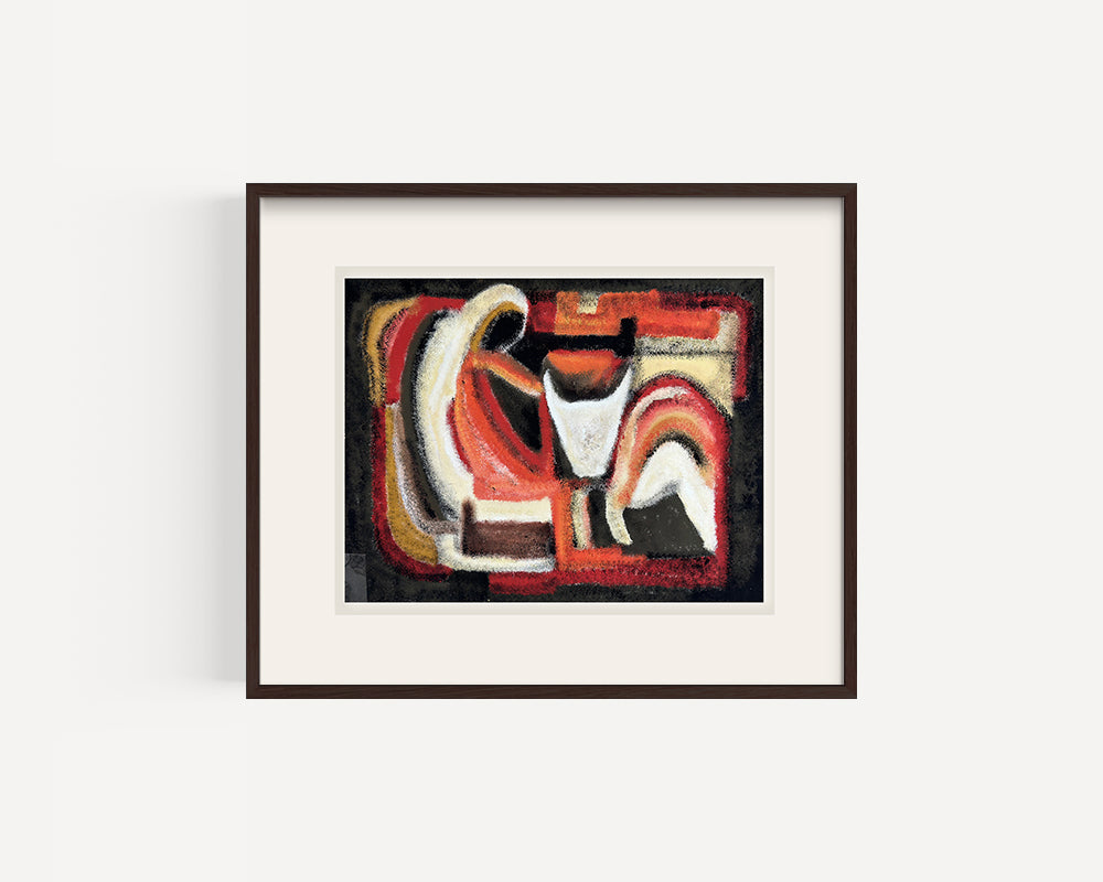 Mid-Century 1970's Vintage European Abstract Oil Painting of Woman and Animal  in Orange and Black on Paper.