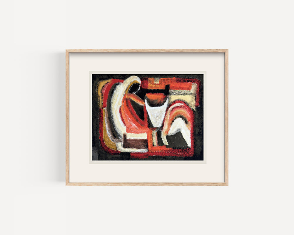 Mid-Century 1970's Vintage European Abstract Oil Painting of Woman and Animal  in Orange and Black on Paper.