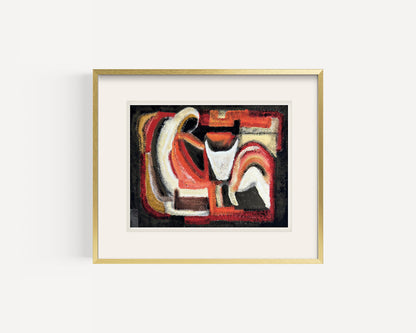 Mid-Century 1970's Vintage European Abstract Oil Painting of Woman and Animal  in Orange and Black on Paper.