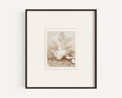 Early 1900s Antique French Sepia Watercolor Bucolic Landscape on Paper in Rococo Style