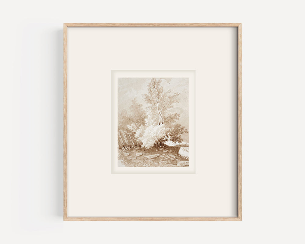 Early 1900s Antique French Sepia Watercolor Bucolic Landscape on Paper in Rococo Style