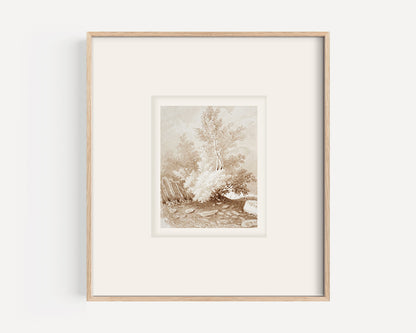 Early 1900s Antique French Sepia Watercolor Bucolic Landscape on Paper in Rococo Style