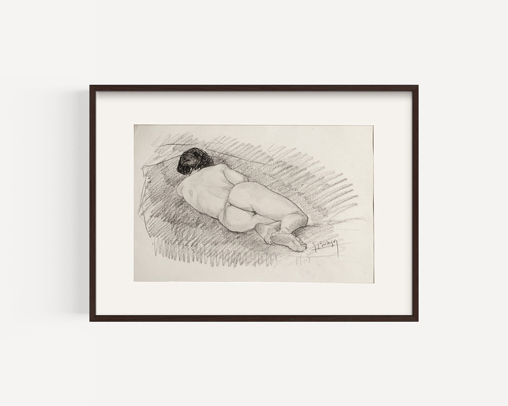 Early 1900's European Antique Classical Female Reclining Nude Figure Drawing in Charcoal on Paper, Signed by Artist