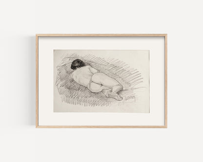 Early 1900's European Antique Classical Female Reclining Nude Figure Drawing in Charcoal on Paper, Signed by Artist