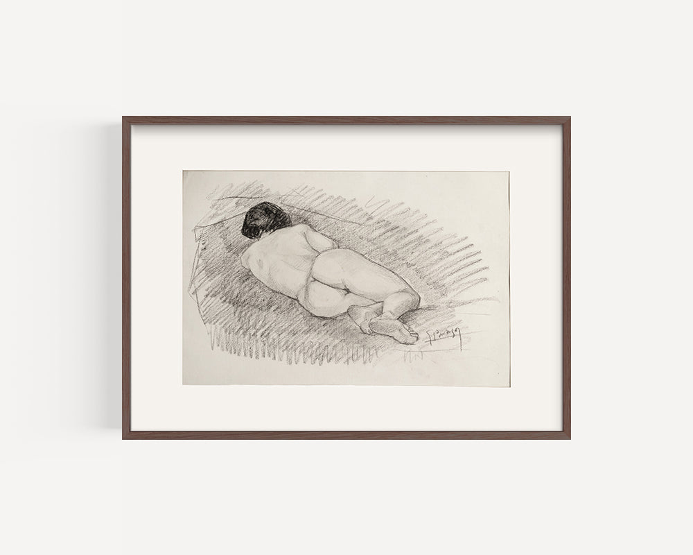 Early 1900's European Antique Classical Female Reclining Nude Figure Drawing in Charcoal on Paper, Signed by Artist