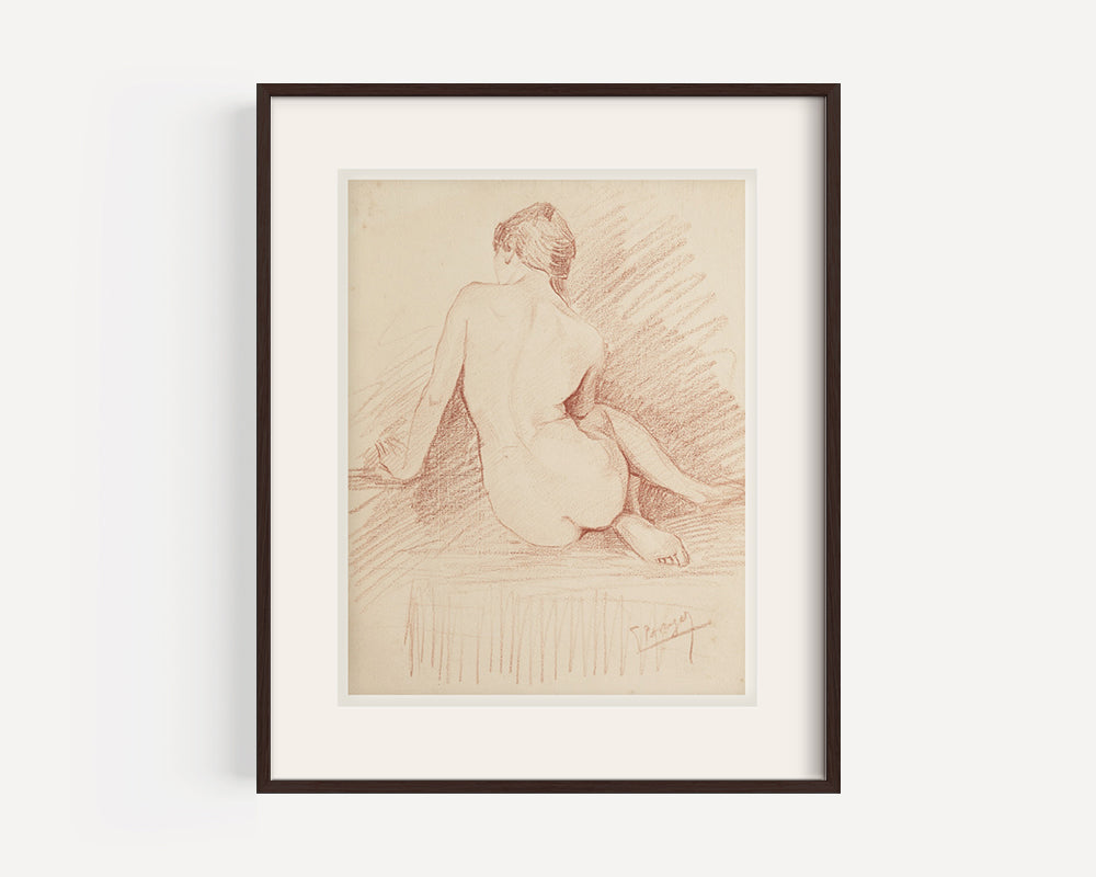 Early 1900's Antique French Academic Drawing of Woman Seated  in Sepia Charcoal, Signed by Artist