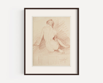 Early 1900's Antique French Academic Drawing of Woman Seated  in Sepia Charcoal, Signed by Artist