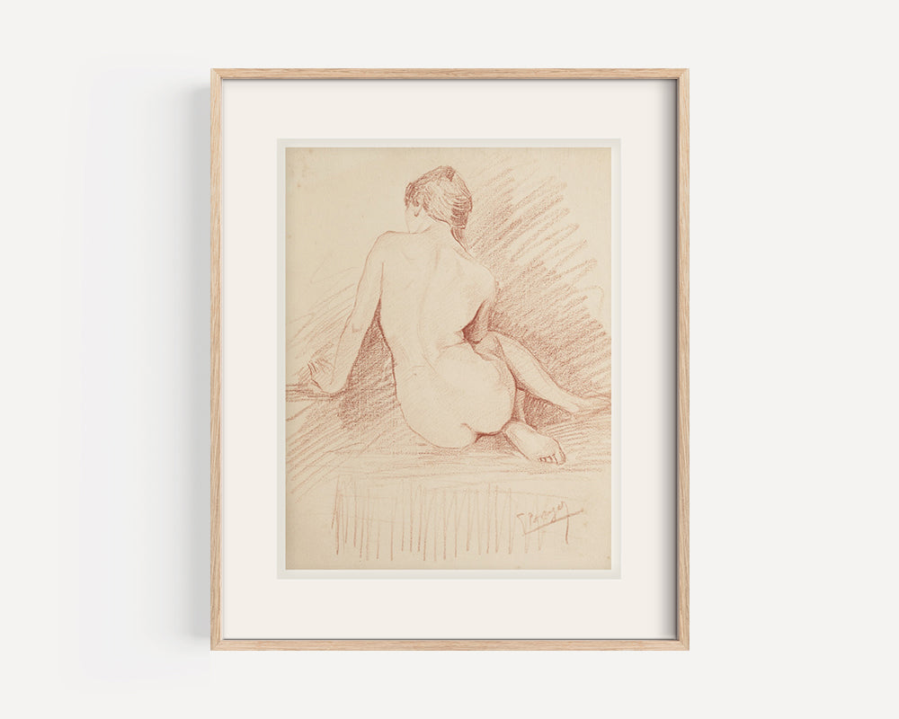 Early 1900's Antique French Academic Drawing of Woman Seated  in Sepia Charcoal, Signed by Artist