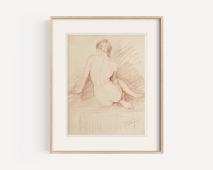 Early 1900's Antique French Academic Drawing of Woman Seated  in Sepia Charcoal, Signed by Artist