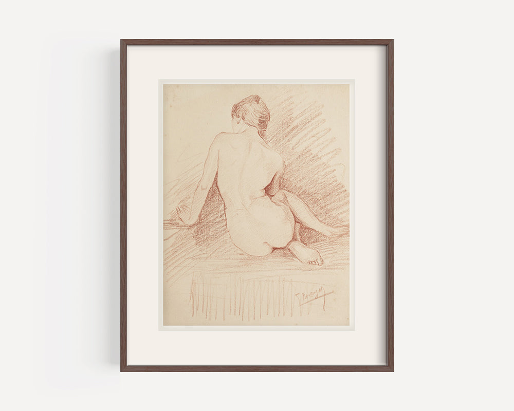 Early 1900's Antique French Academic Drawing of Woman Seated  in Sepia Charcoal, Signed by Artist