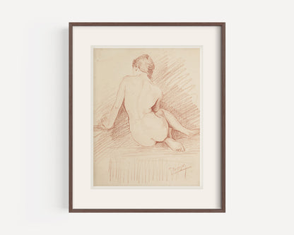 Early 1900's Antique French Academic Drawing of Woman Seated  in Sepia Charcoal, Signed by Artist