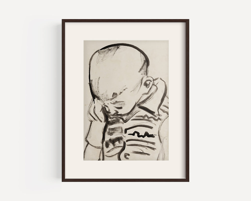 Mid 20th Century Vintage European Portrait of Young Boy, India Ink on Paper