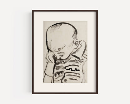 Mid 20th Century Vintage European Portrait of Young Boy, India Ink on Paper