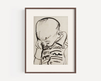 Mid 20th Century Vintage European Portrait of Young Boy, India Ink on Paper