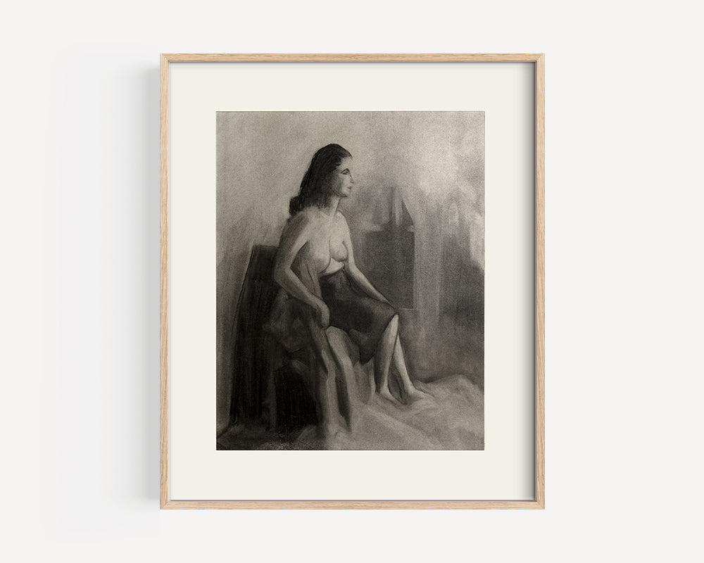 Early 1900's Vintage French Charcoal Figure Drawing of Woman Seated, Charcoal on Paper