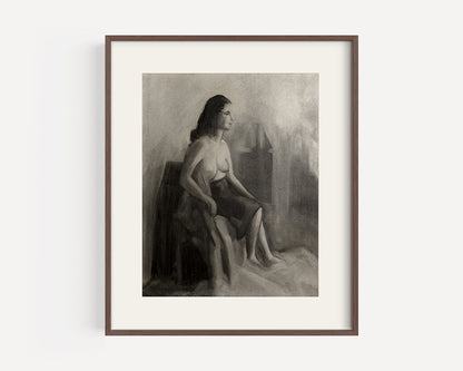 Early 1900's Vintage French Charcoal Figure Drawing of Woman Seated, Charcoal on Paper