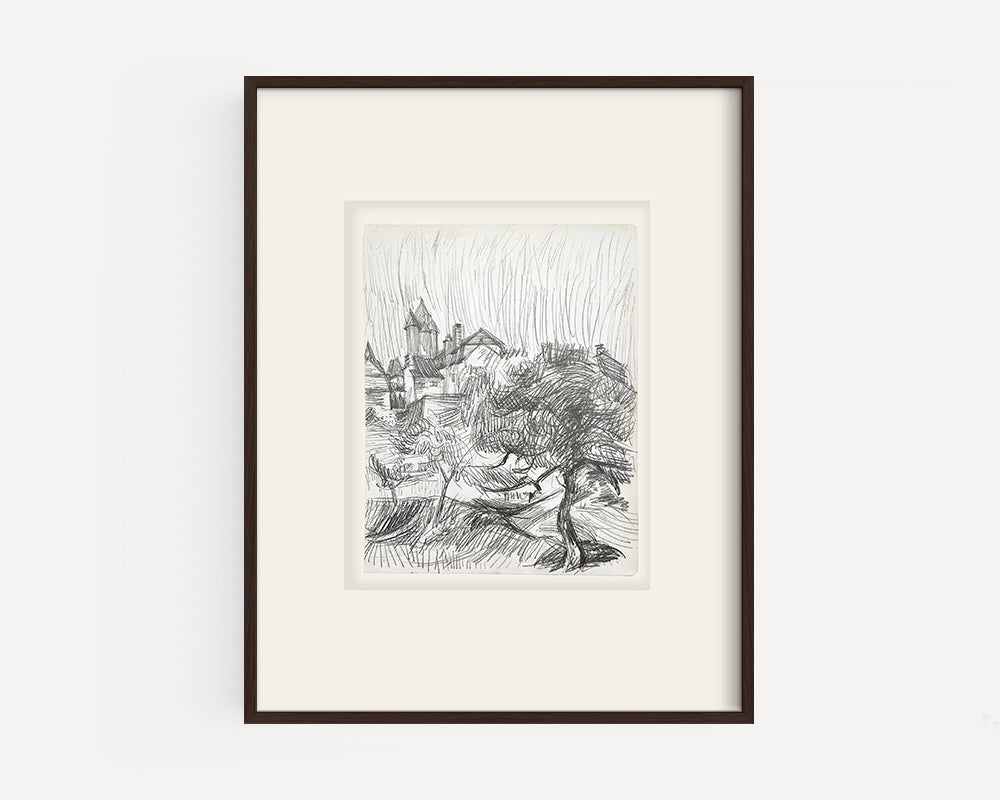 Vintage Mid-Century French Expressionistic Landscape Graphite Drawing on Paper