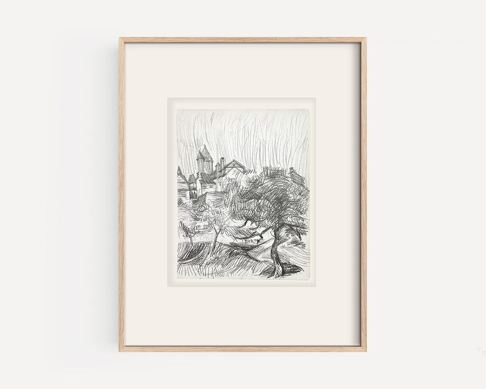 Vintage Mid-Century French Expressionistic Landscape Graphite Drawing on Paper