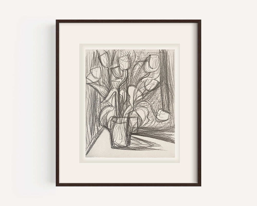 Vintage Mid-Century Modern French Expressionistic Floral Still Life Graphite Drawing on Paper, Signed by French Artist Marius Woulfart