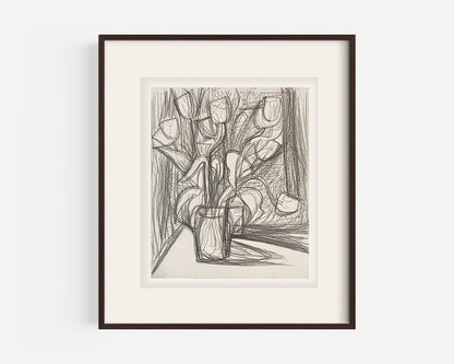 Vintage Mid-Century Modern French Expressionistic Floral Still Life Graphite Drawing on Paper, Signed by French Artist Marius Woulfart