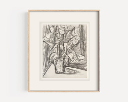 Vintage Mid-Century Modern French Expressionistic Floral Still Life Graphite Drawing on Paper, Signed by French Artist Marius Woulfart