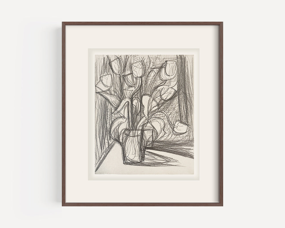 Vintage Mid-Century Modern French Expressionistic Floral Still Life Graphite Drawing on Paper, Signed by French Artist Marius Woulfart