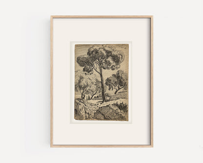 Early 1900's Vintage French Graphite Landscape Drawing of Trees, Signed by Maurice de Lambert, 1937