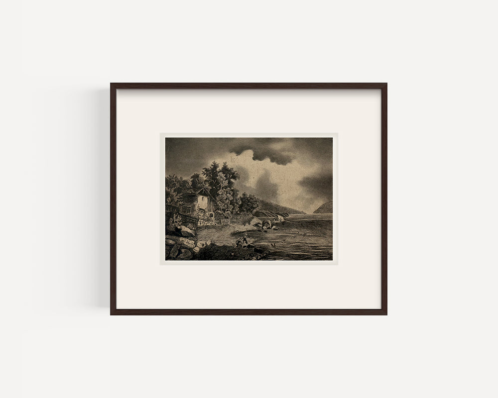 Early 1900's Antique French Moody Coastal Village Landscape Drawing in Charcoal on Paper