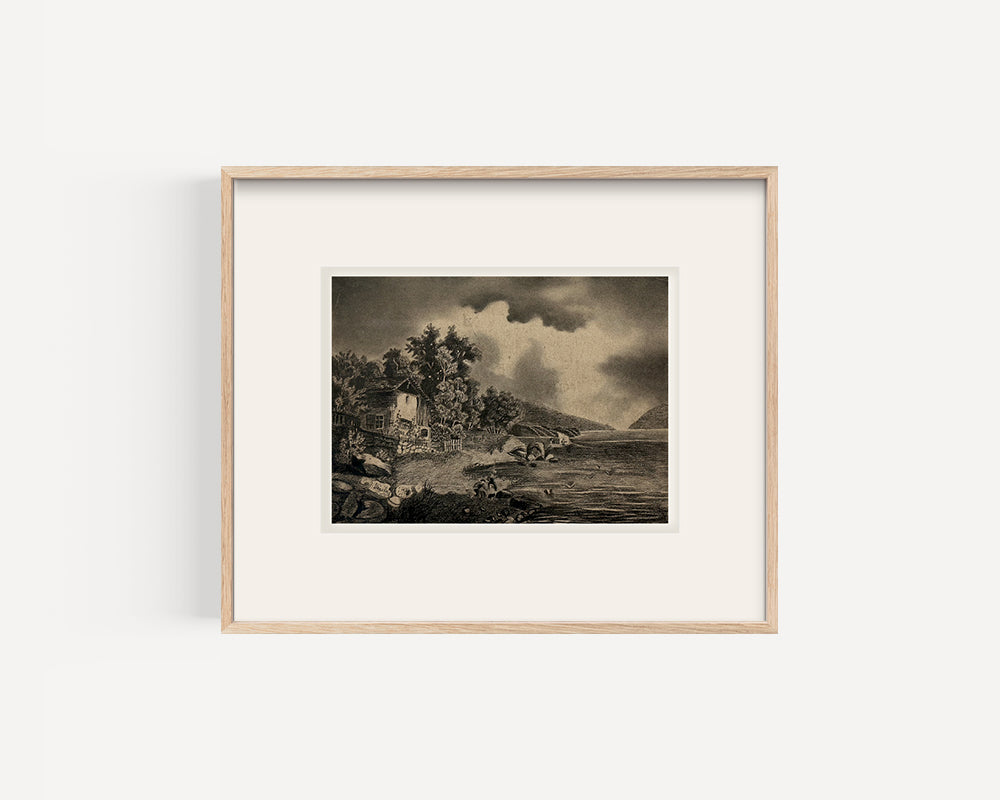 Early 1900's Antique French Moody Coastal Village Landscape Drawing in Charcoal on Paper